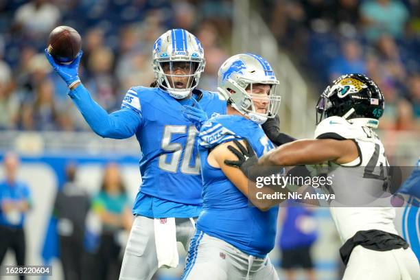 Teddy Bridgewater of the Detroit Lions throws the ball against the Jacksonville Jaguars during the preseason game at Ford Field on August 19, 2023 in...