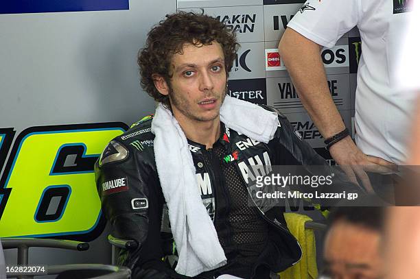 Valentino Rossi of Italy and Yamaha Factory Racing looks on in box during MotoGP Tests in Sepang - Day Three at Sepang Circuit on February 28, 2013...