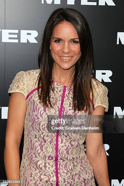 Actress Michala Banas arrives at the Myer Autumn/Winter 2013 collections launch at Mural Hall at Myer on February 28, 2013 in Melbourne, Australia.