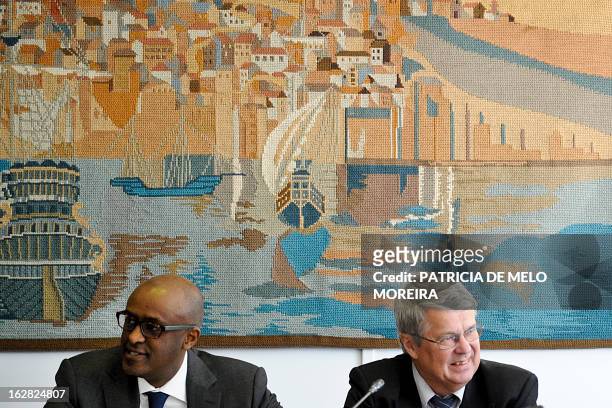 International Monetary Fund mission chief for Portugal, Abebe Selassie and Jurgen Kroger, head of European Union delegation attend a meeting with...