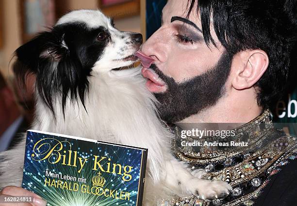 Designer Harald Gloeoeckler and his dog Billy King present their book 'Billy King - Mein Leben mit Harald Gloeoeckler' on February 28, 2013 in...