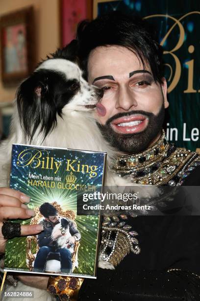 Designer Harald Gloeoeckler and his dog Billy King present their book 'Billy King - Mein Leben mit Harald Gloeoeckler' on February 28, 2013 in...