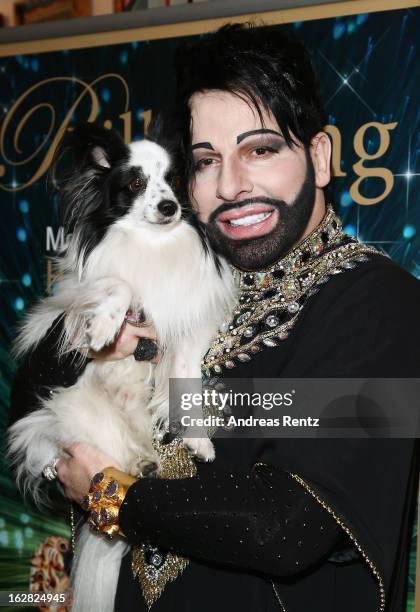 Designer Harald Gloeoeckler and his dog Billy King present their book 'Billy King - Mein Leben mit Harald Gloeoeckler' on February 28, 2013 in...