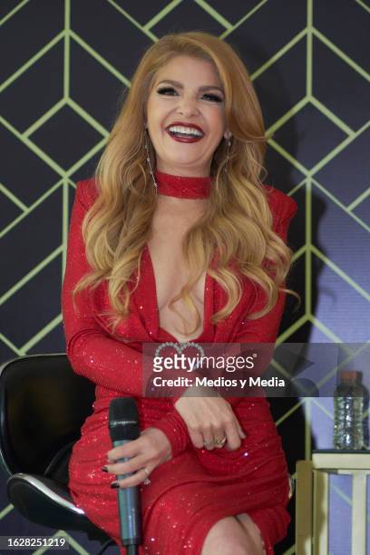 Itati Cantoral attends during a press conference to present 'Noche no te vayas' Roberto Cantoral's tales and songs event on August 20, 2023 in Mexico...