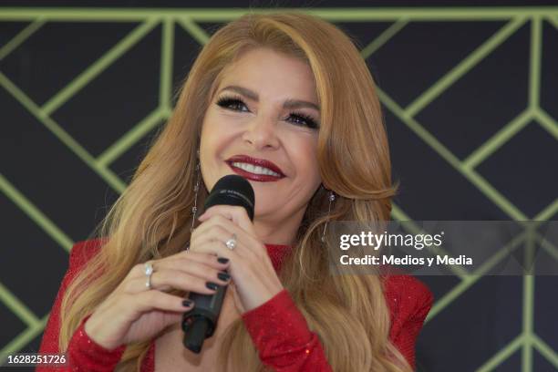 Itati Cantoral speaks during a press conference to present 'Noche no te vayas' Roberto Cantoral's tales and songs event on August 20, 2023 in Mexico...