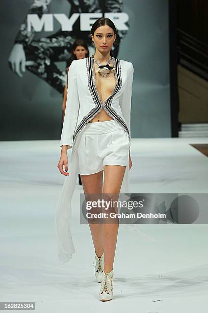 Model Alexandra Agoston showcases designs by Sass & Bide at the Myer Autumn/Winter 2013 collections launch at Mural Hall at Myer on February 28, 2013...