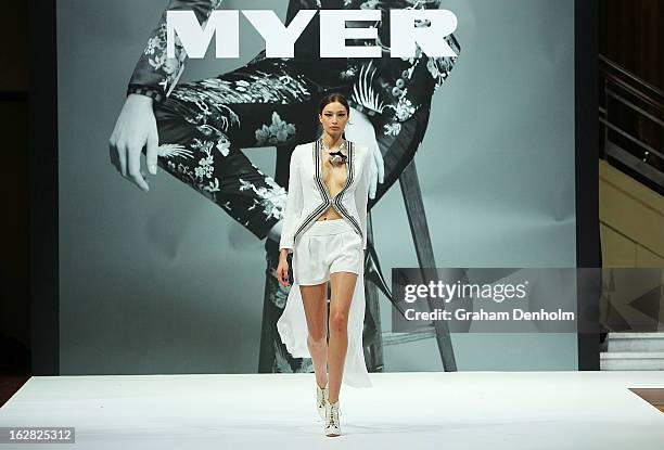 Model Alexandra Agoston showcases designs by Sass & Bide at the Myer Autumn/Winter 2013 collections launch at Mural Hall at Myer on February 28, 2013...