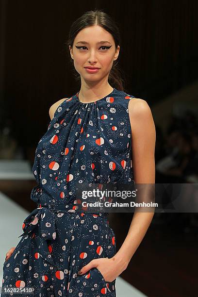 Model Alexandra Agoston showcases designs by Karen Walker at the Myer Autumn/Winter 2013 collections launch at Mural Hall at Myer on February 28,...