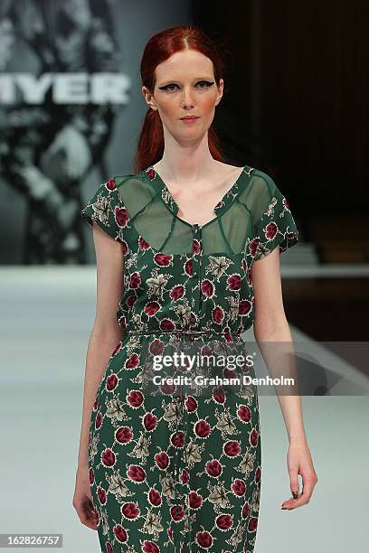 Model showcases designs by Fleur Wood at the Myer Autumn/Winter 2013 collections launch at Mural Hall at Myer on February 28, 2013 in Melbourne,...