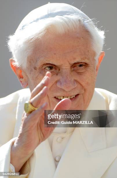 Pope Benedict XVI leads his final general audience before his retirement in St Peter's Square on February 27, 2013 in Vatican City, Vatican. More...