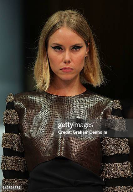 Model showcases designs by Magdalena Velevska at the Myer Autumn/Winter 2013 collections launch at Mural Hall at Myer on February 28, 2013 in...