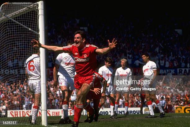 John Aldridge of Liverpool celebrates his second goal during the FA Cup Semi-Final against Nottingham Forest at Old Trafford in Manchester, England.....
