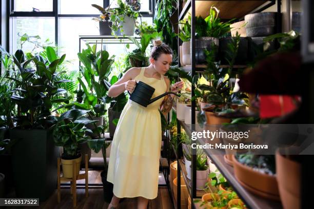 a girl in a yellow dress in a cozy place with many house plants. - wedding role stock pictures, royalty-free photos & images