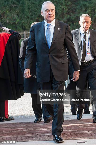 Egyptian Foreign Minister Mohammed Kamel Amr arrives to attend a meeting of the 'Friends of the Syrian People' attended by US Secretary John Kerry,...
