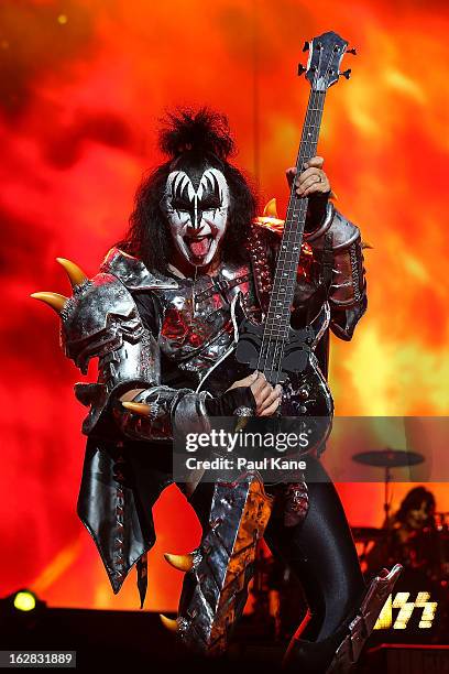 Gene Simmons of KISS performs live on stage as part of their Monster Tour with Motley Crue and Thin Lizzy at Perth Arena on February 28, 2013 in...