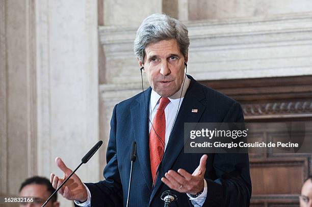 Secretary of State John Kerry speaks during a press conference after the meeting of the 'Friends of the Syrian People' at Villa Madama on February...