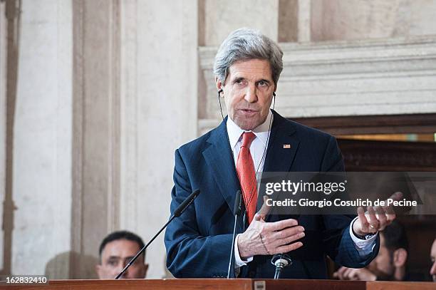 Secretary of State John Kerry speaks during a press conference after attending the meeting of the 'Friends of the Syrian People' at Villa Madama on...