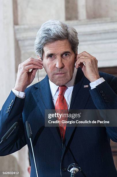 Secretary of State John Kerry speaks during a press conference after attending the meeting of the 'Friends of the Syrian People' at Villa Madama on...