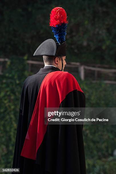 Member of Carabinieri waits the arrival of the authorities for the meeting of the 'Friends of the Syrian People' attended by US Secretary John Kerry,...