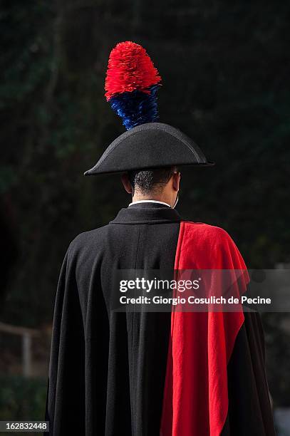 Member of Carabinieri waits the arrivals of the authorities for the meeting of the 'Friends of the Syrian People' attended by US Secretary John...