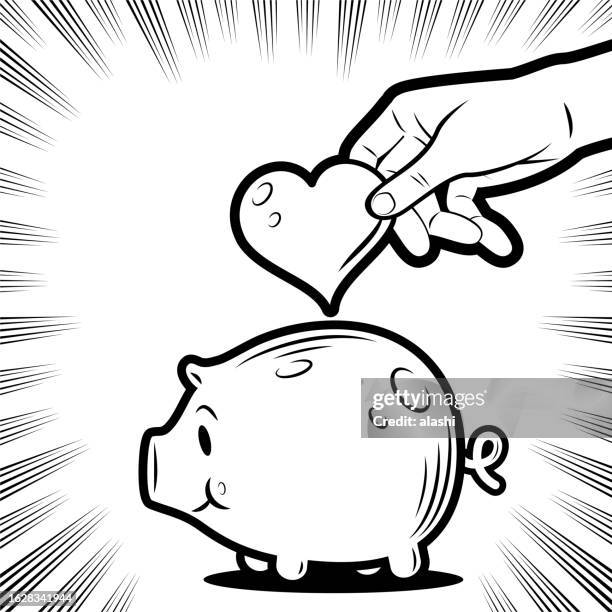 a human hand putting love into a piggy bank in the background with radial manga speed lines - altruism stock illustrations
