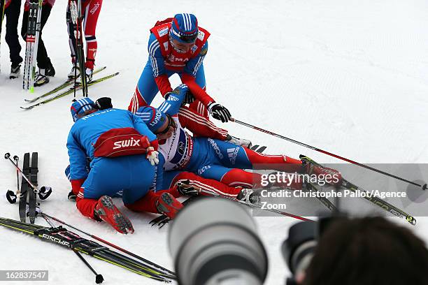 Julia Ivanova, Alija Iksanova, Mariya Guschina and Yulia Tchekaleva of Russia take the bronze medal during the FIS Nordic World Ski Championships...