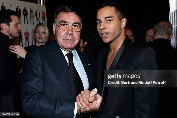 Balmain CEO Alain Hivelin and Designer Olivier Rousteing pose at the Balmain Fall/Winter 2013 Ready-to-Wear show as part of Paris Fashion Week on...