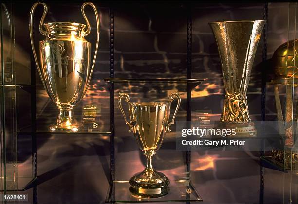 The European Cup the European Cup Winners Cup and the UEFA Cup trophies are displayed in a cabinet at UEFA Headquarters in Nyon, Switzerland. \...