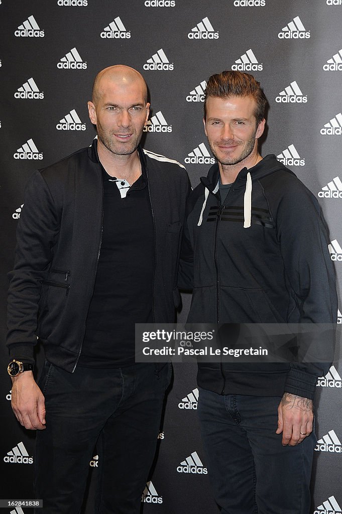 David Beckham And Zinedine Zidane Autograph Session At The Adidas Store.