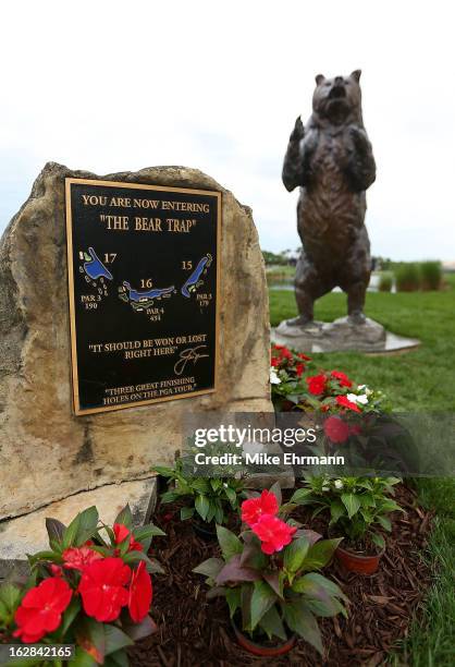 The plaque displaying the beginning of the "Bear Trap" is displayed during the first round of the Honda Classic at PGA National Resort and Spa on...