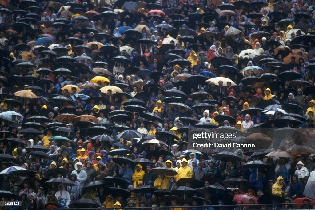 General view of a sea of umbrellas