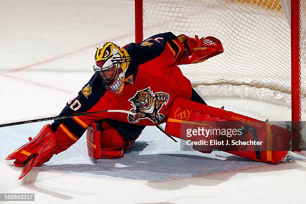 Goaltender Scott Clemmensen of the Florida Panthers defends the net against the Pittsburgh Penguins at the BB&T Center on February 26, 2013 in...