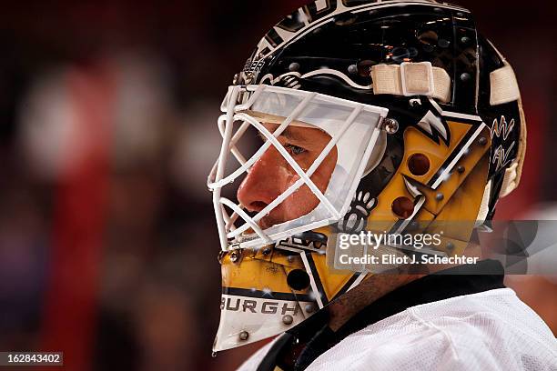 Goaltender Tomas Vokoun of the Pittsburgh Penguins skates on the ice prior to the start of the game against the Florida Panthers at the BB&T Center...