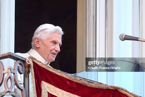 Pope Benedict XVI arrives, for the last time as head of the Catholic Church, at the window of Castel Gandolfo where he will start his retirement...