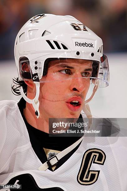 Sidney Crosby of the Pittsburgh Penguins skates on the ice prior to the start of the game against the Florida Panthers at the BB&T Center on February...