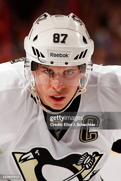 Sidney Crosby of the Pittsburgh Penguins gets ready to face off against the Florida Panthers at the BB&T Center on February 26, 2013 in Sunrise,...