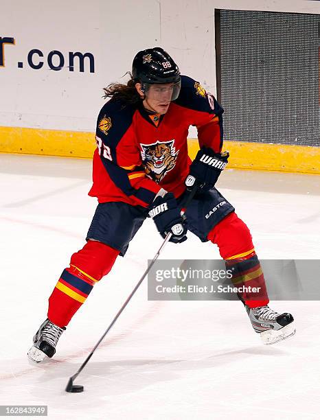 Peter Mueller of the Florida Panthers passes the puck against the Pittsburgh Penguins at the BB&T Center on February 26, 2013 in Sunrise, Florida.