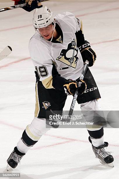 Beau Bennett of the Pittsburgh Penguins controls the puck against the Florida Panthers at the BB&T Center on February 26, 2013 in Sunrise, Florida.