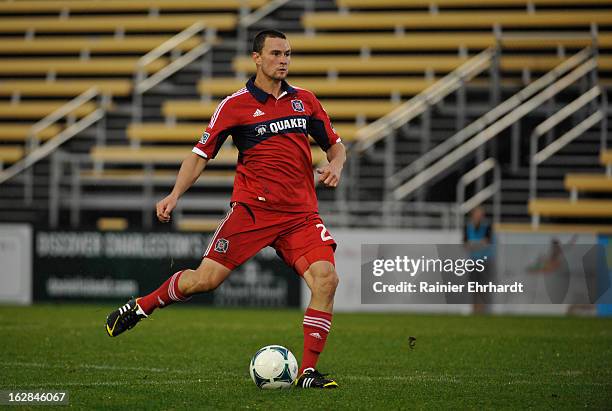 Austin Berry of the Chicago Fire looks to pass during the first half of the Carolina Challenge Cup against the Vancouver Whitecaps FC at Blackbaud...