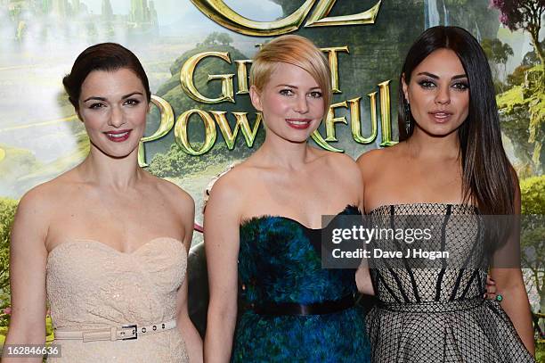 Rachel Weisz, Michelle Williams and Mila Kunis attend the European premiere of Oz: The Great And Powerful at The Empire Leicester Square on February...