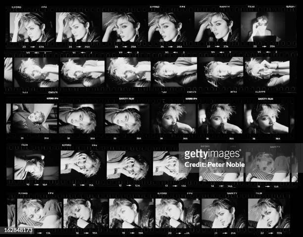 Contact sheet of portraits of American singer Madonna, New York, December 1982.