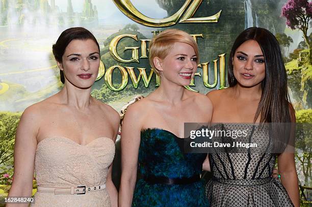 Rachel Weisz, Michelle Williams and Mila Kunis attend the European premiere of Oz: The Great And Powerful at The Empire Leicester Square on February...