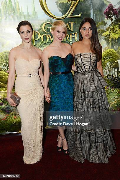 Rachel Weisz, Michelle Williams and Mila Kunis attend the European premiere of Oz: The Great And Powerful at The Empire Leicester Square on February...