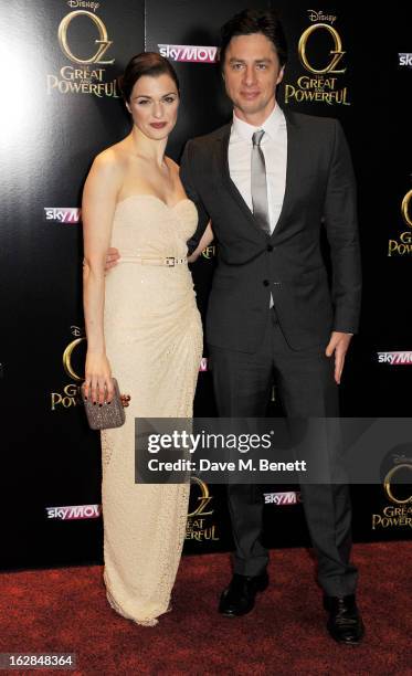 Actors Rachel Weisz and Zach Braff attend the European Premiere of 'Oz: The Great and Powerful' at Empire Leicester Square on February 28, 2013 in...