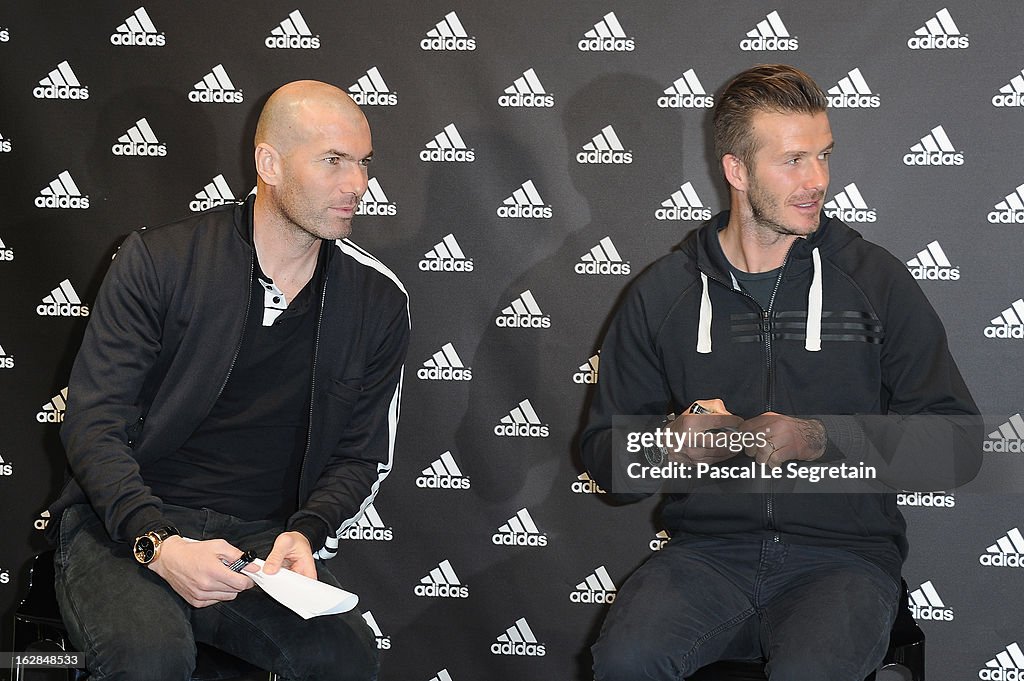 David Beckham And Zinedine Zidane Autograph Session At The adidas Store.