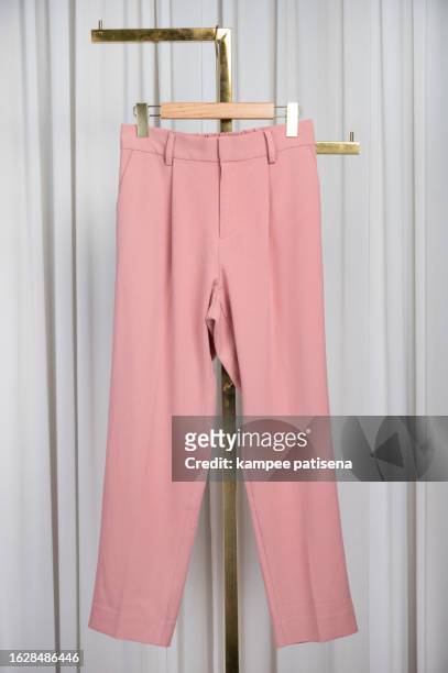 minimalist pink pants on hanger - classic elegance personified - pink trousers 個照片及圖片檔