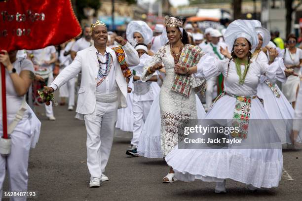 Performers parade in costume on the final day of Notting Hill Carnival on August 28, 2023 in London, England. The annual Caribbean festival, which...