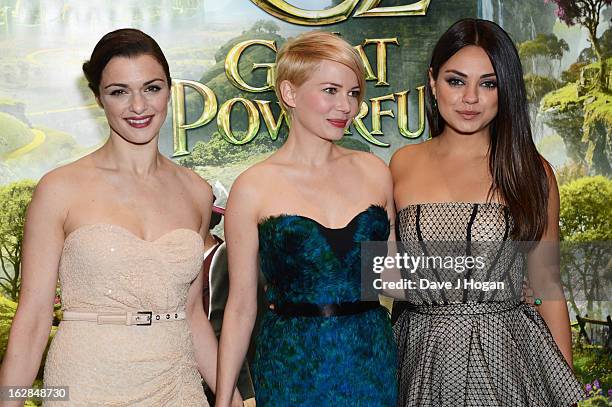 Rachel Weisz, Michelle Williams and Mila Kunis attend the European premiere of Oz: The Great And Powerful at The Empire Leicester Square on February...