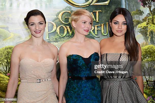 Rachel Weisz, Michelle Williams and Mila Kunis attend the European premiere of Oz: The Great And Powerful at The Empire Leicester Square on February...