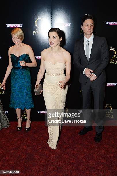 Michelle Williams, Rachel Weisz and Zach Braff attend the European premiere of Oz: The Great And Powerful at The Empire Leicester Square on February...